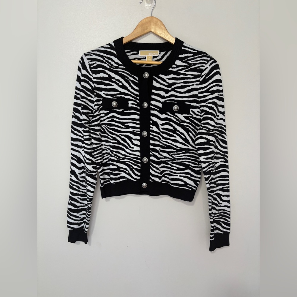 Michael Kors Black White Animal Print Cotton Blend Cardigan Size Medium